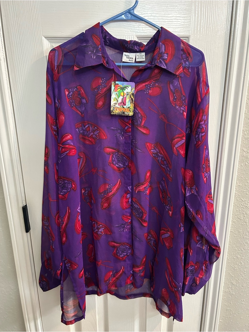 purple sheer long-sleeve blouse Indian Tropical Fashion red hat society nwt 3X